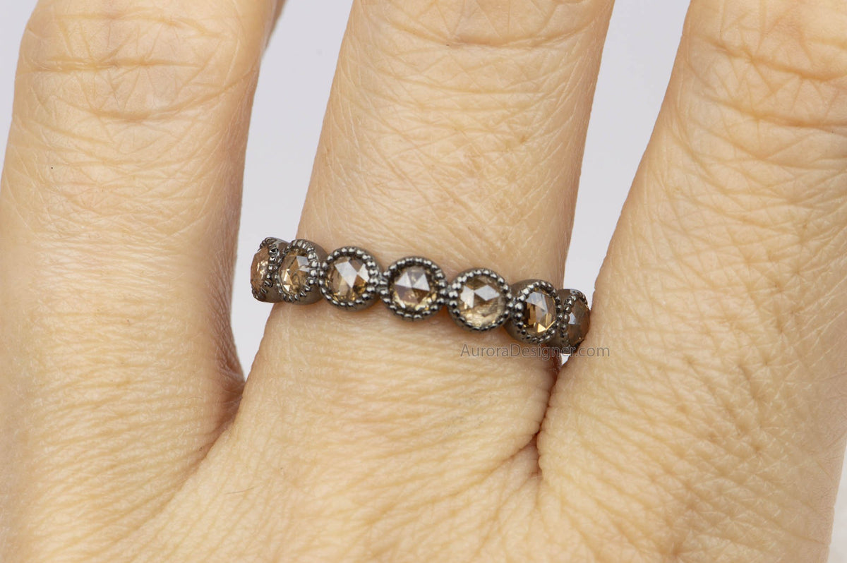 Rosecut Champagne Diamond 14k Gold Full Half Eternity Wedding Band Brown Milgrain Bezel Set AD1599B