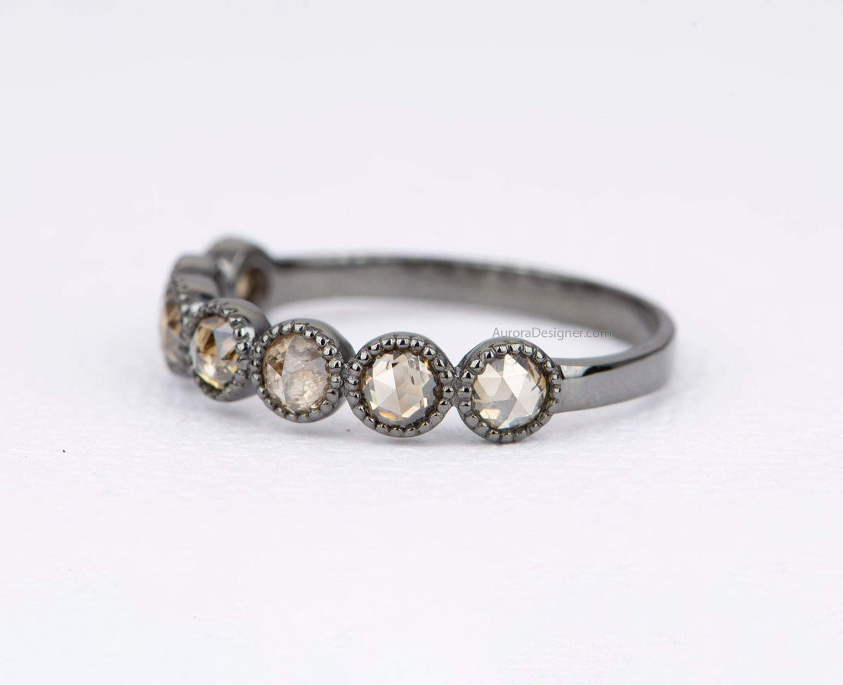 Rosecut Champagne Diamond 14k Gold Full Half Eternity Wedding Band Brown Milgrain Bezel Set AD1599B