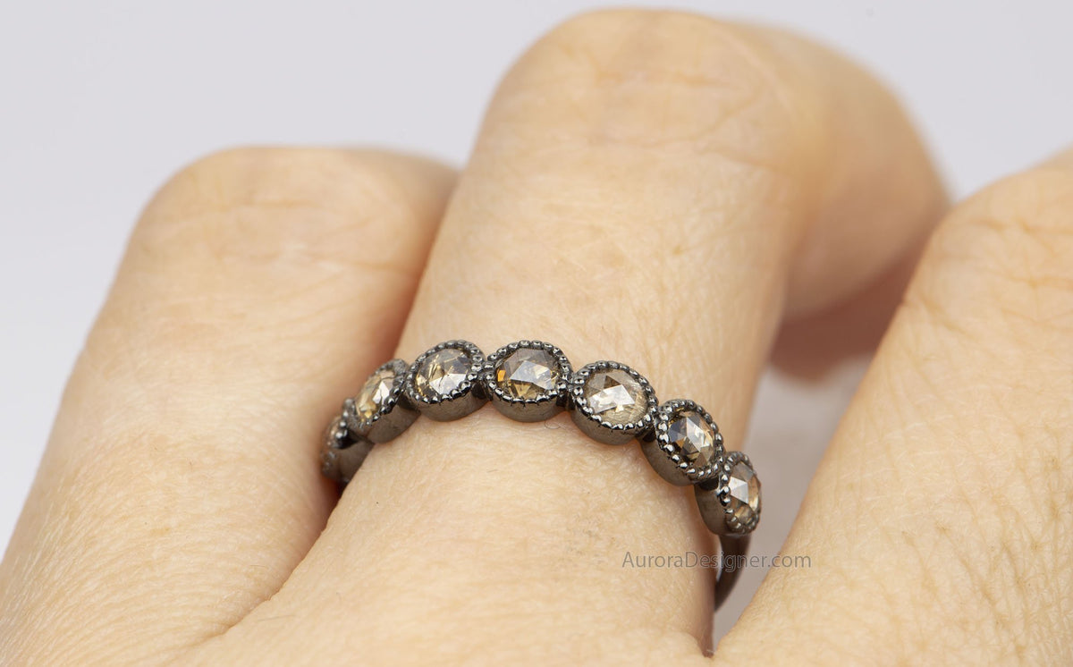 Rosecut Champagne Diamond 14k Gold Full Half Eternity Wedding Band Brown Milgrain Bezel Set AD1599B
