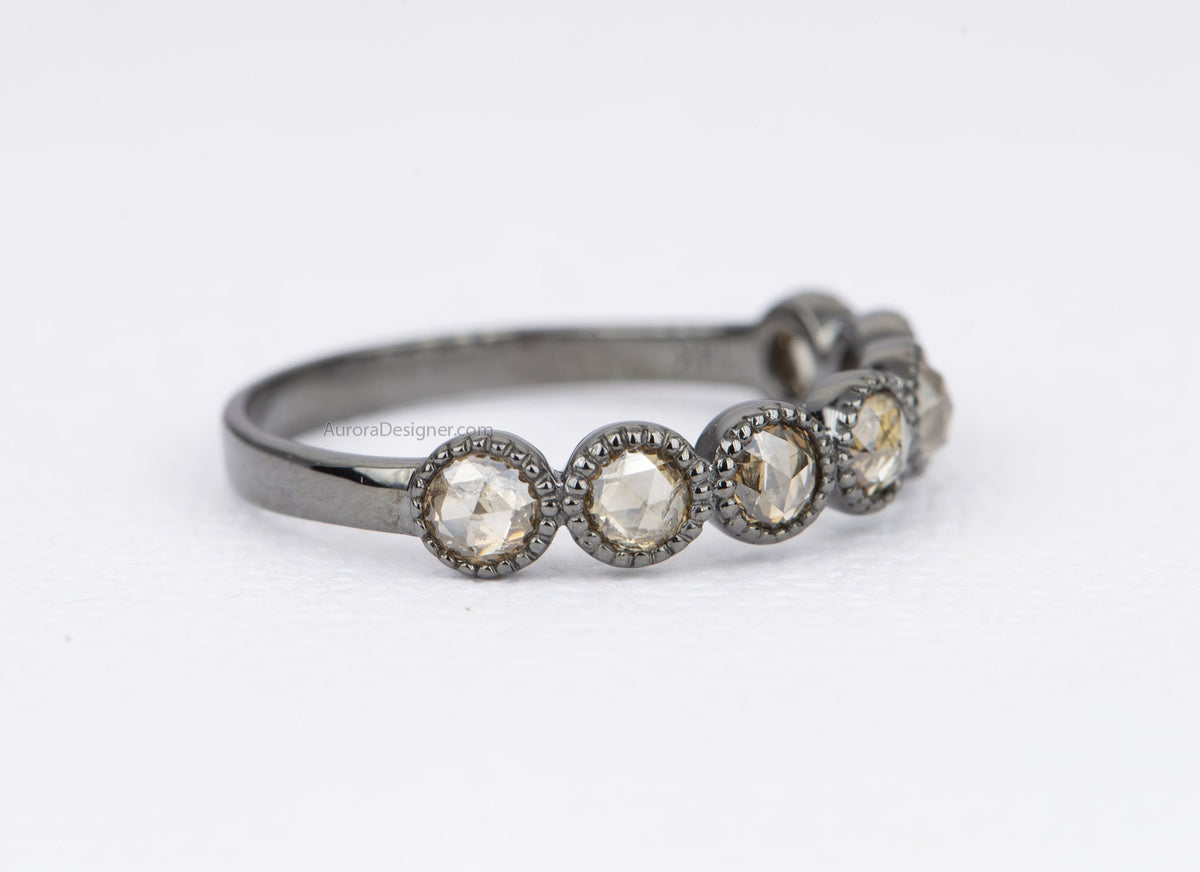 Rosecut Champagne Diamond 14k Gold Full Half Eternity Wedding Band Brown Milgrain Bezel Set AD1599B