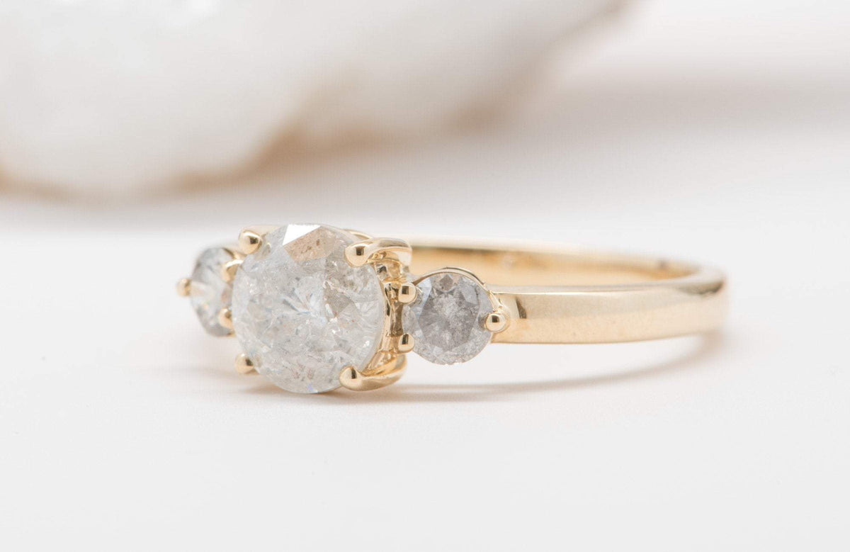 Round Brilliant Cut Salt and Pepper Diamond 14K Yellow Gold Engagement Ring Three Stone OOAK Alternative Bride Unique Bride R6009