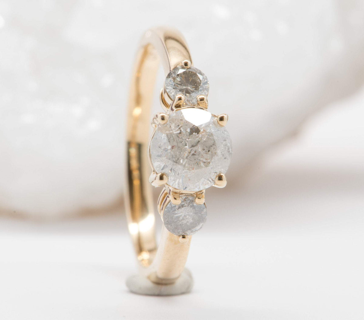 Round Brilliant Cut Salt and Pepper Diamond 14K Yellow Gold Engagement Ring Three Stone OOAK Alternative Bride Unique Bride R6009