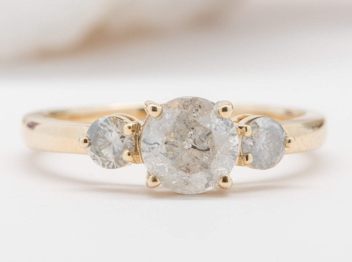 Round Brilliant Cut Salt and Pepper Diamond 14K Yellow Gold Engagement Ring Three Stone OOAK Alternative Bride Unique Bride R6009