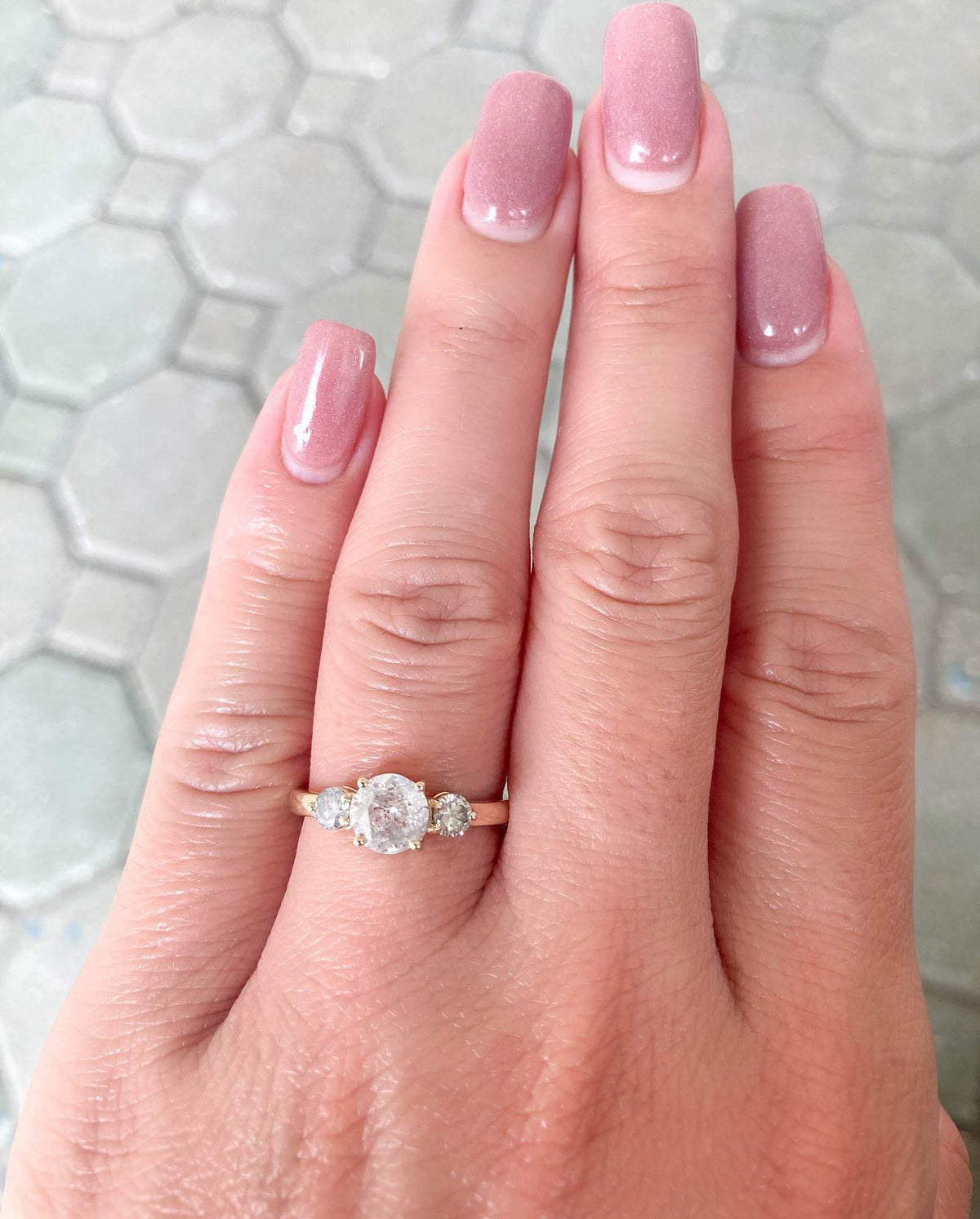 Round Brilliant Cut Salt and Pepper Diamond 14K Yellow Gold Engagement Ring Three Stone OOAK Alternative Bride Unique Bride R6009