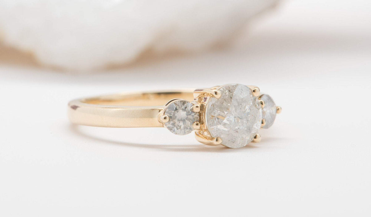 Round Brilliant Cut Salt and Pepper Diamond 14K Yellow Gold Engagement Ring Three Stone OOAK Alternative Bride Unique Bride R6009