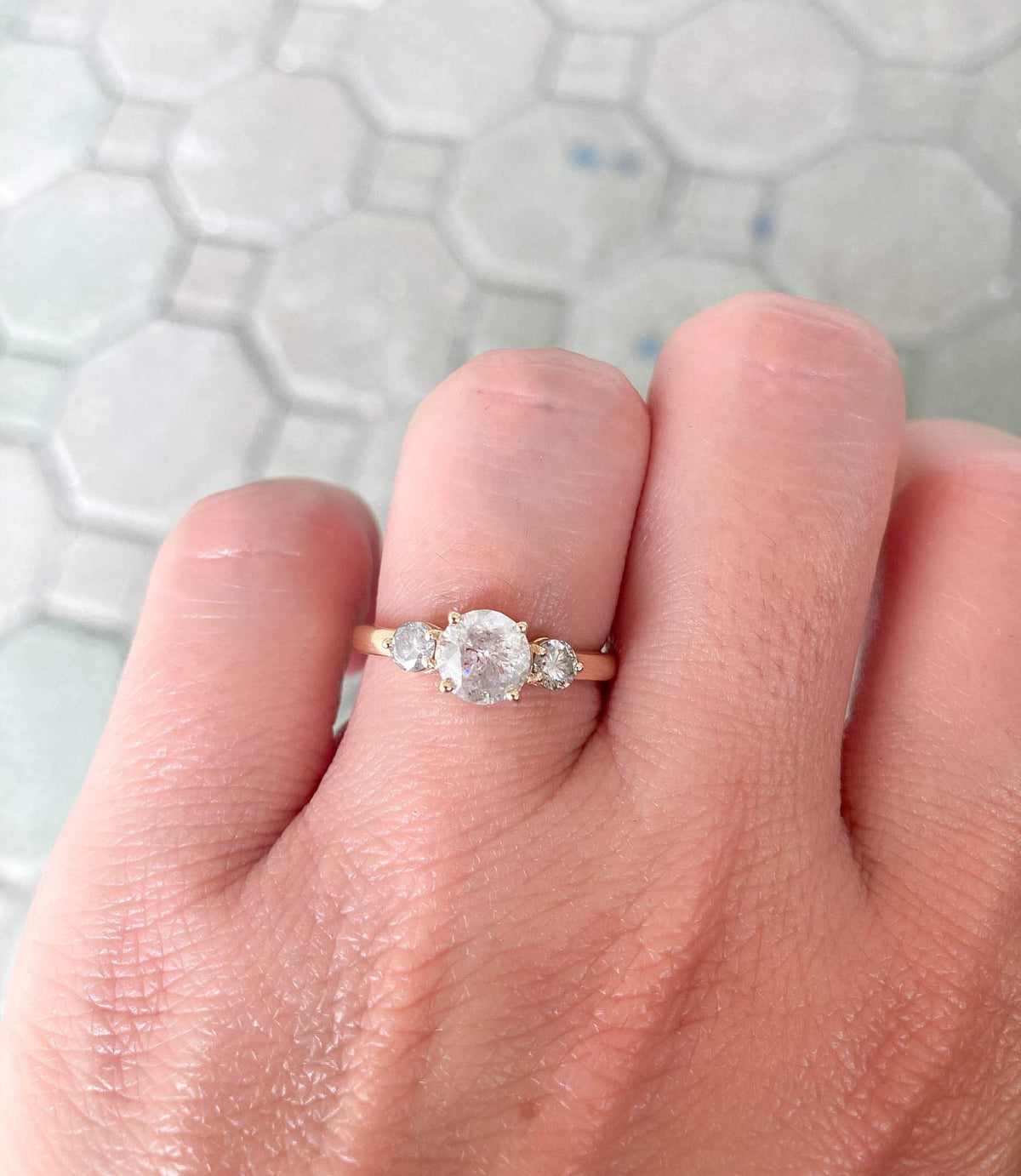 Round Brilliant Cut Salt and Pepper Diamond 14K Yellow Gold Engagement Ring Three Stone OOAK Alternative Bride Unique Bride R6009