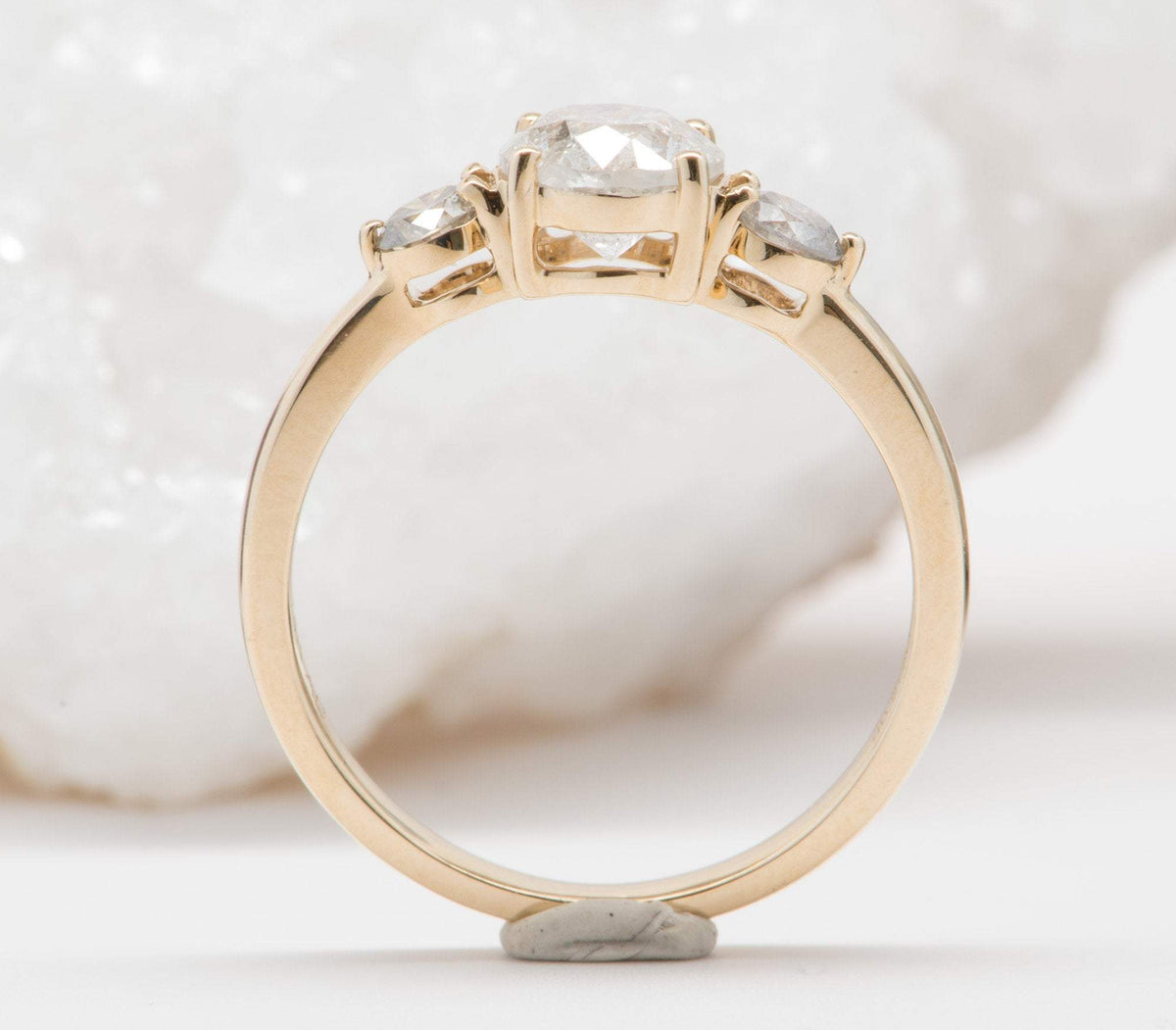 Round Brilliant Cut Salt and Pepper Diamond 14K Yellow Gold Engagement Ring Three Stone OOAK Alternative Bride Unique Bride R6009