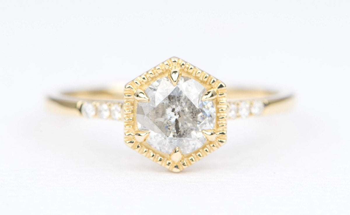 Round Brilliant Cut Salt and Pepper Diamond 14K Yellow Gold Engagement Ring Trio Sides AD1462-33 Aurora Designer