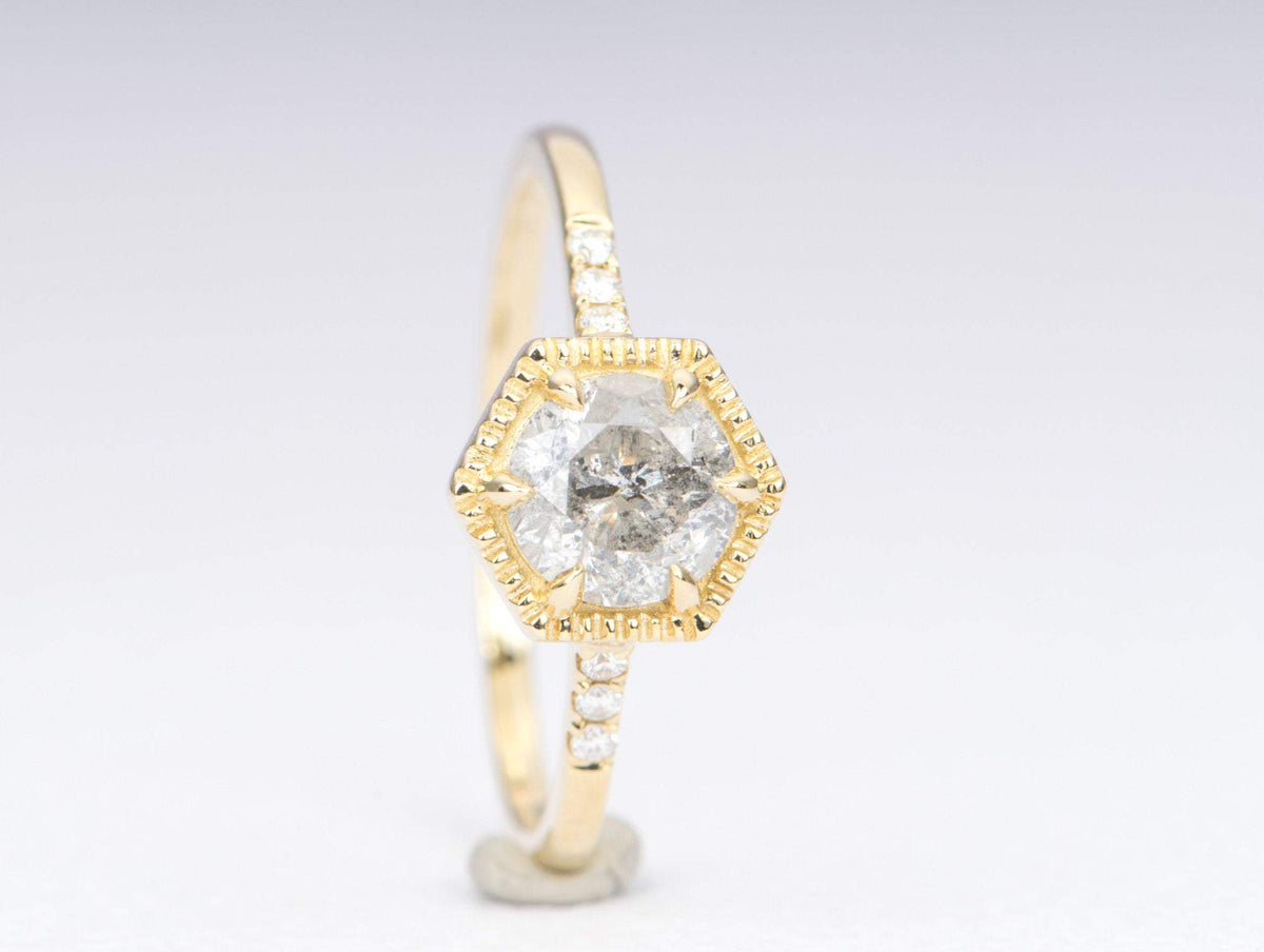 Round Brilliant Cut Salt and Pepper Diamond 14K Yellow Gold Engagement Ring Trio Sides AD1462-33