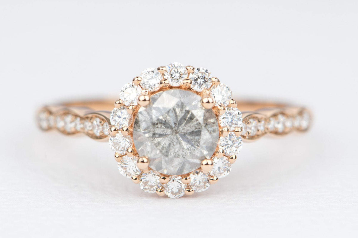 Round Brilliant Cut Salt and Pepper Diamond Halo 14K Rose Gold Engagement Ring Scallop AD1849-4