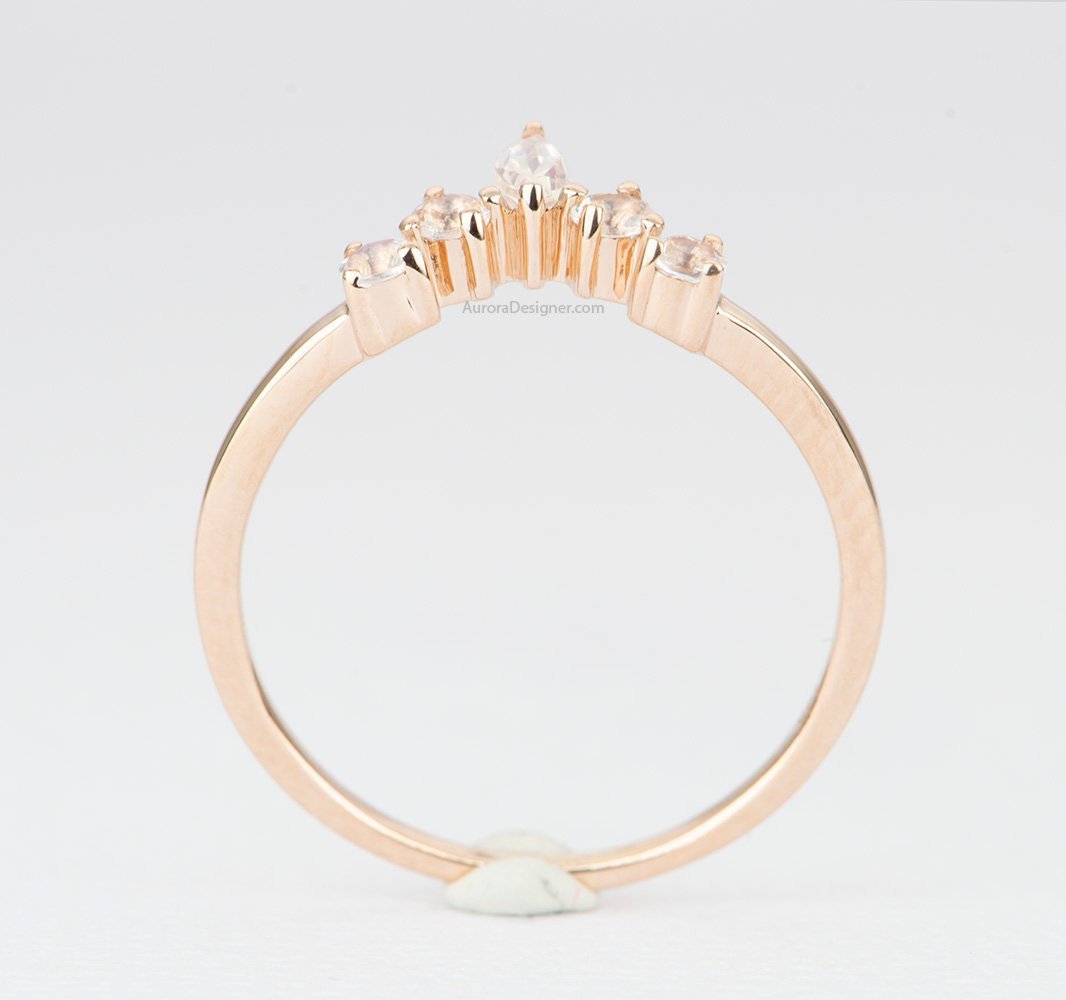 Round &amp; Marquise Rainbow Moonstone Ring 14K Gold Crown Wedding Band Curve Contoured AD1446M