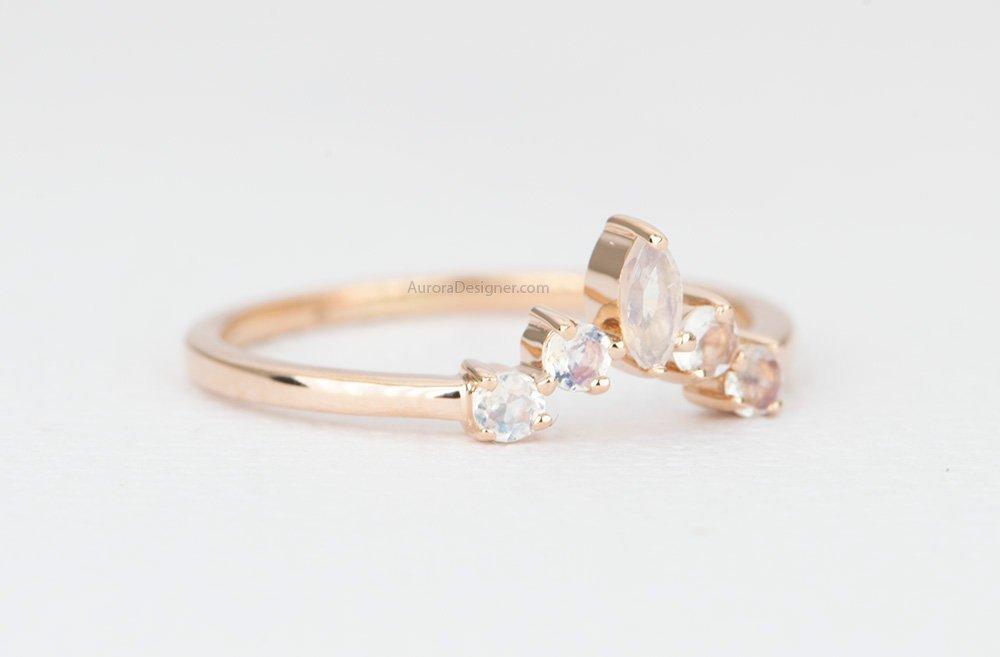 Round &amp; Marquise Rainbow Moonstone Ring 14K Gold Crown Wedding Band Curve Contoured AD1446M