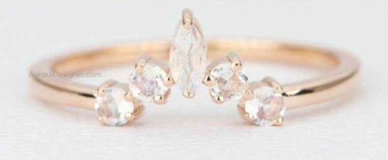 Round &amp; Marquise Rainbow Moonstone Ring 14K Gold Crown Wedding Band Curve Contoured AD1446M