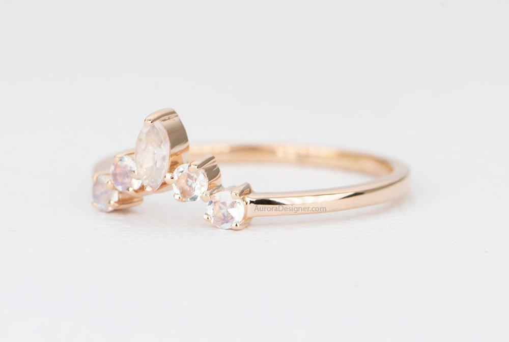 Round &amp; Marquise Rainbow Moonstone Ring 14K Gold Crown Wedding Band Curve Contoured AD1446M