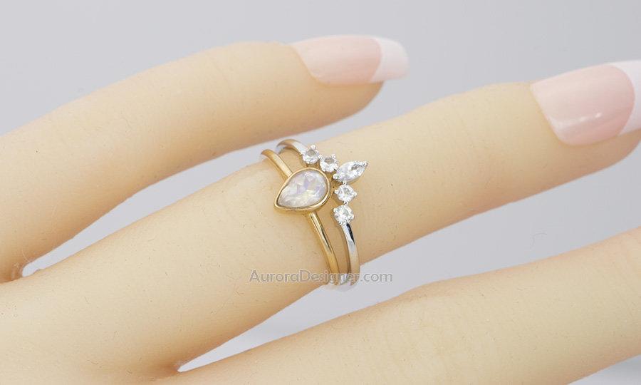 Round &amp; Marquise White Sapphire Crown Ring 14K Gold Enhancer AD1446
