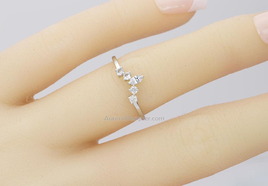 Round &amp; Marquise White Sapphire Crown Ring 14K Gold Enhancer AD1446