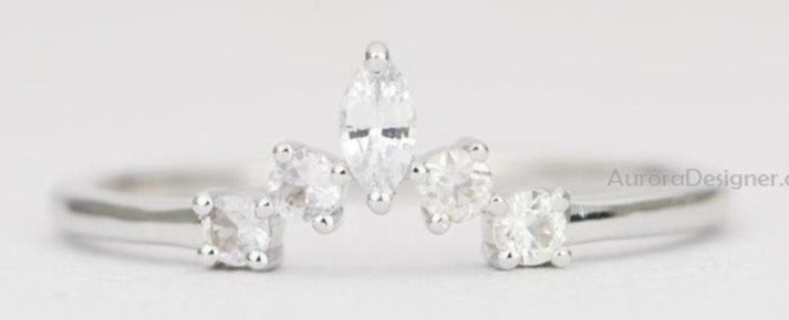 Round &amp; Marquise White Sapphire Crown Ring 14K Gold Enhancer AD1446