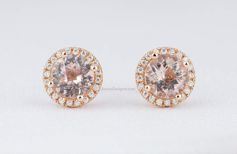Round Morganite with Moissanite Halo Earrings 14K Rose Gold Ear Studs Diamond Alternative AD1843