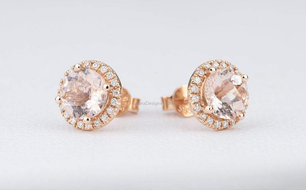 Round Morganite with Moissanite Halo Earrings 14K Rose Gold Ear Studs Diamond Alternative AD1843