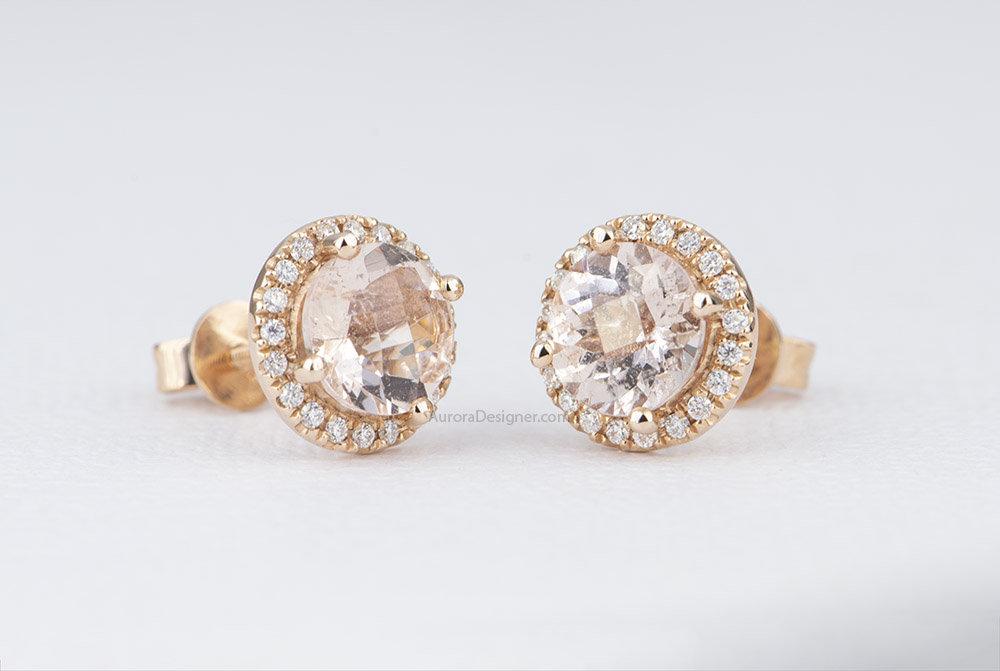Round Morganite with Moissanite Halo Earrings 14K Rose Gold Ear Studs Diamond Alternative AD1843