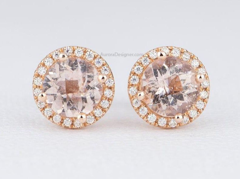 Round Morganite with Moissanite Halo Earrings 14K Rose Gold Ear Studs Diamond Alternative AD1843
