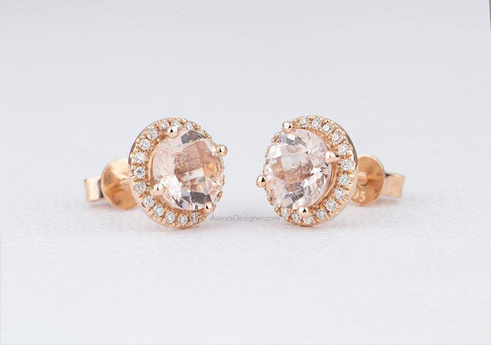 Round Morganite with Moissanite Halo Earrings 14K Rose Gold Ear Studs Diamond Alternative AD1843