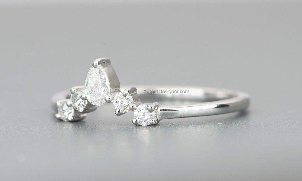 Round &amp; Pear Shape Diamond Ring 14K Gold Crown Wedding Band Curve Contoured Tiara Stacking AD1543