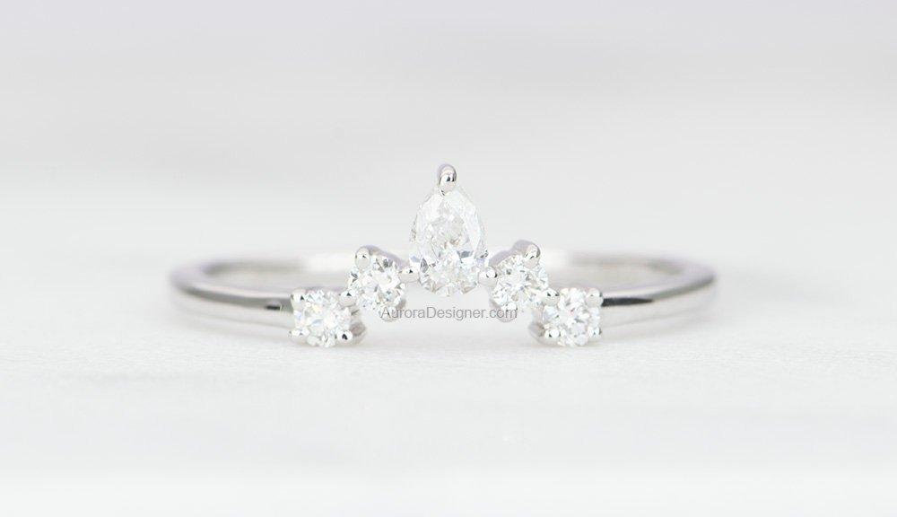 Round &amp; Pear Shape Diamond Ring 14K Gold Crown Wedding Band Curve Contoured Tiara Stacking AD1543