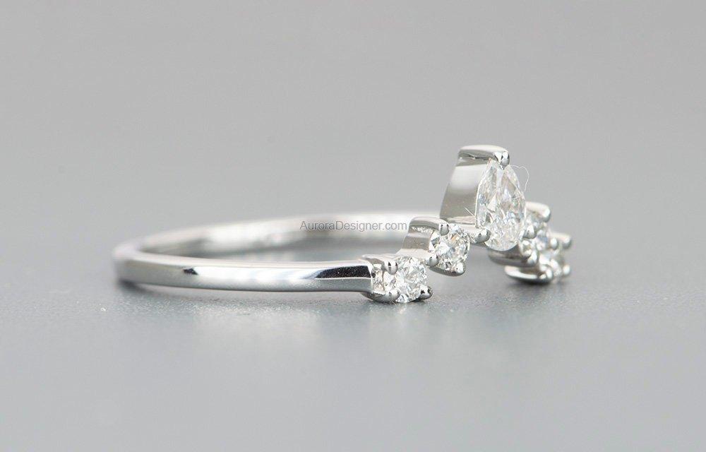 Round &amp; Pear Shape Diamond Ring 14K Gold Crown Wedding Band Curve Contoured Tiara Stacking AD1543