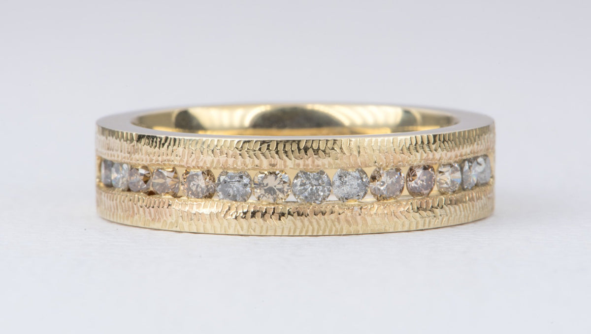 Salt and Pepper &amp; Champagne Diamond Ring Channel Setting 14K Gold 5mm Wedding Band Textured AD2094