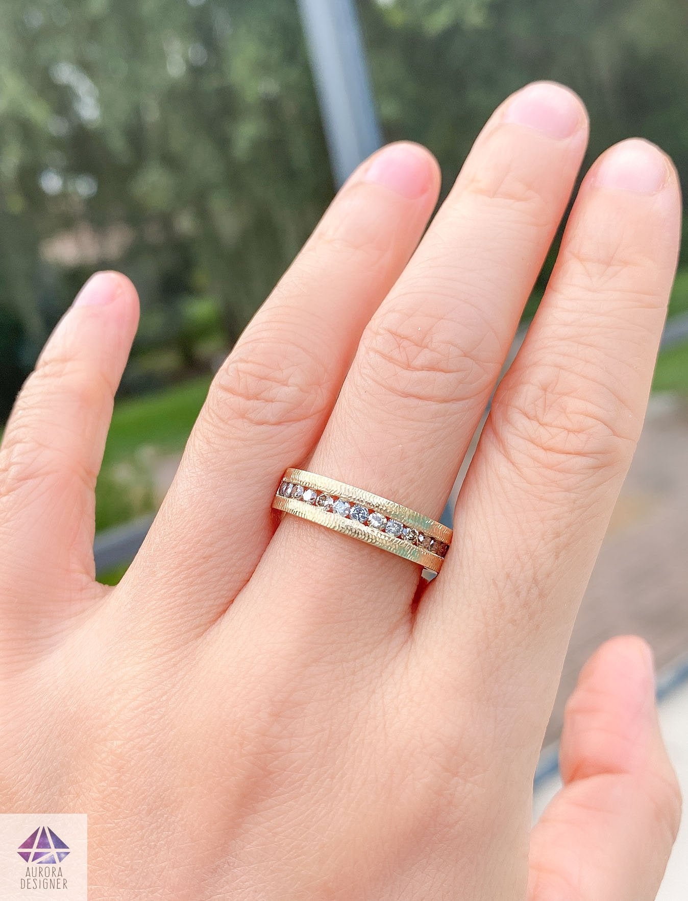 Aurora Designer Salt and Pepper Champagne Diamond Ring Channel Setting 14K Gold 5mm Wedding Band Textured AD2094