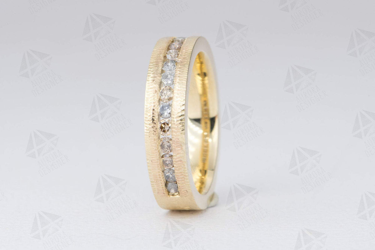 Salt and Pepper &amp; Champagne Diamond Ring Channel Setting 14K Gold 5mm Wedding Band Textured AD2094