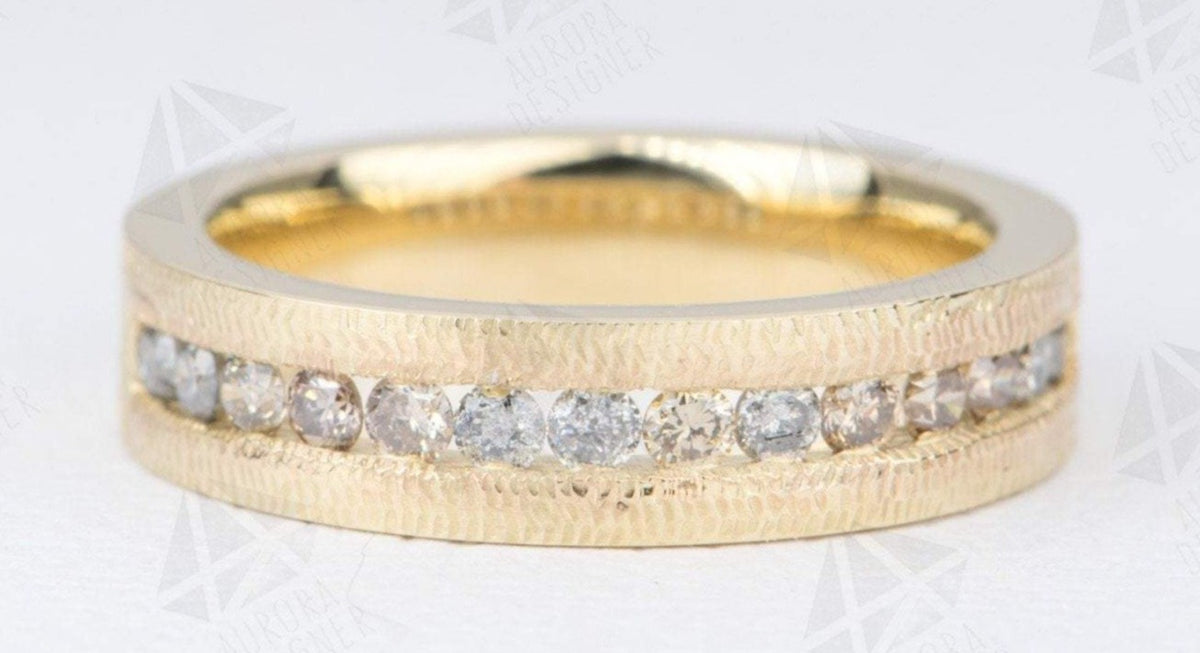 Salt and Pepper &amp; Champagne Diamond Ring Channel Setting 14K Gold 5mm Wedding Band Textured AD2094