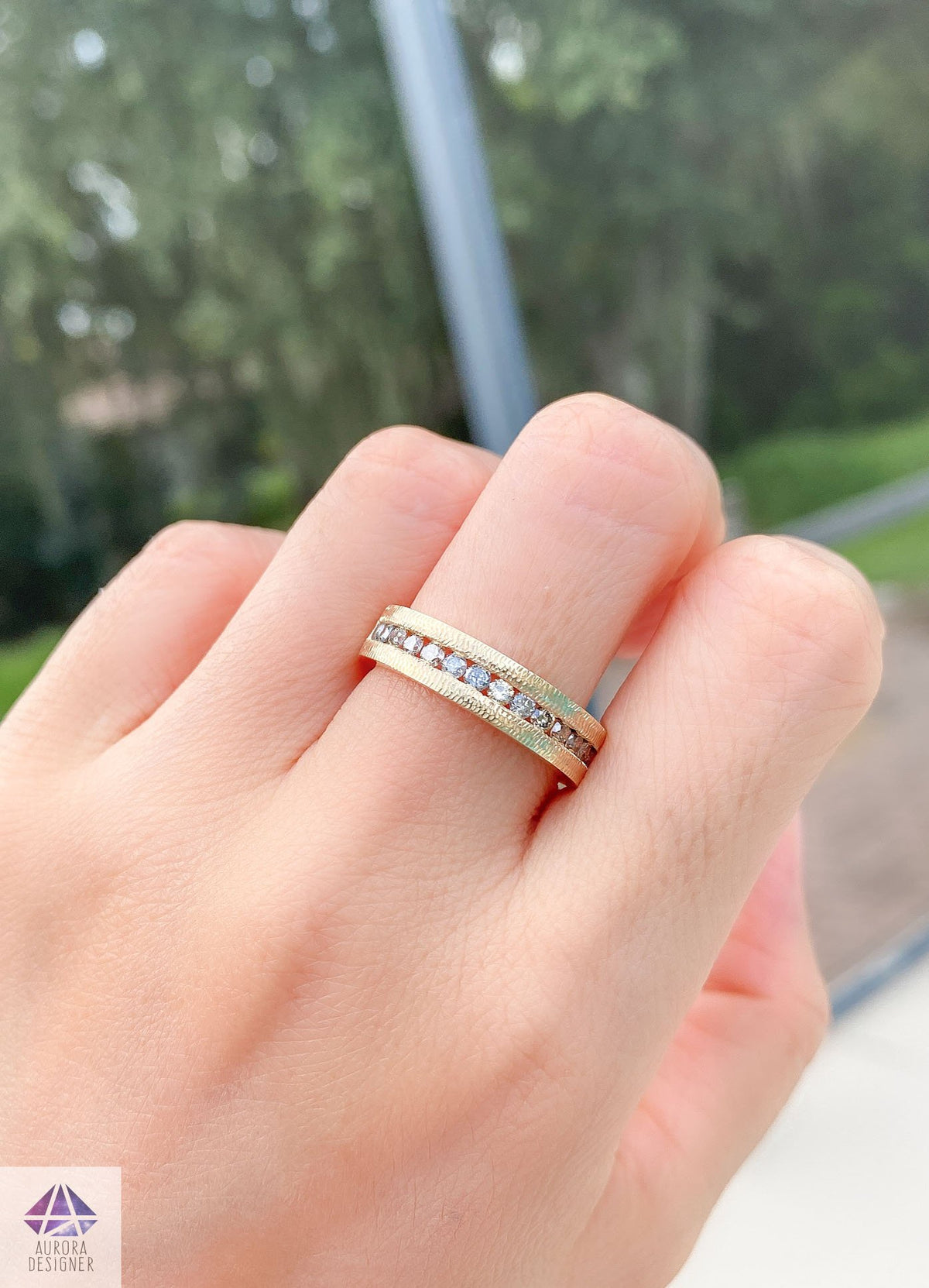 Salt and Pepper &amp; Champagne Diamond Ring Channel Setting 14K Gold 5mm Wedding Band Textured AD2094