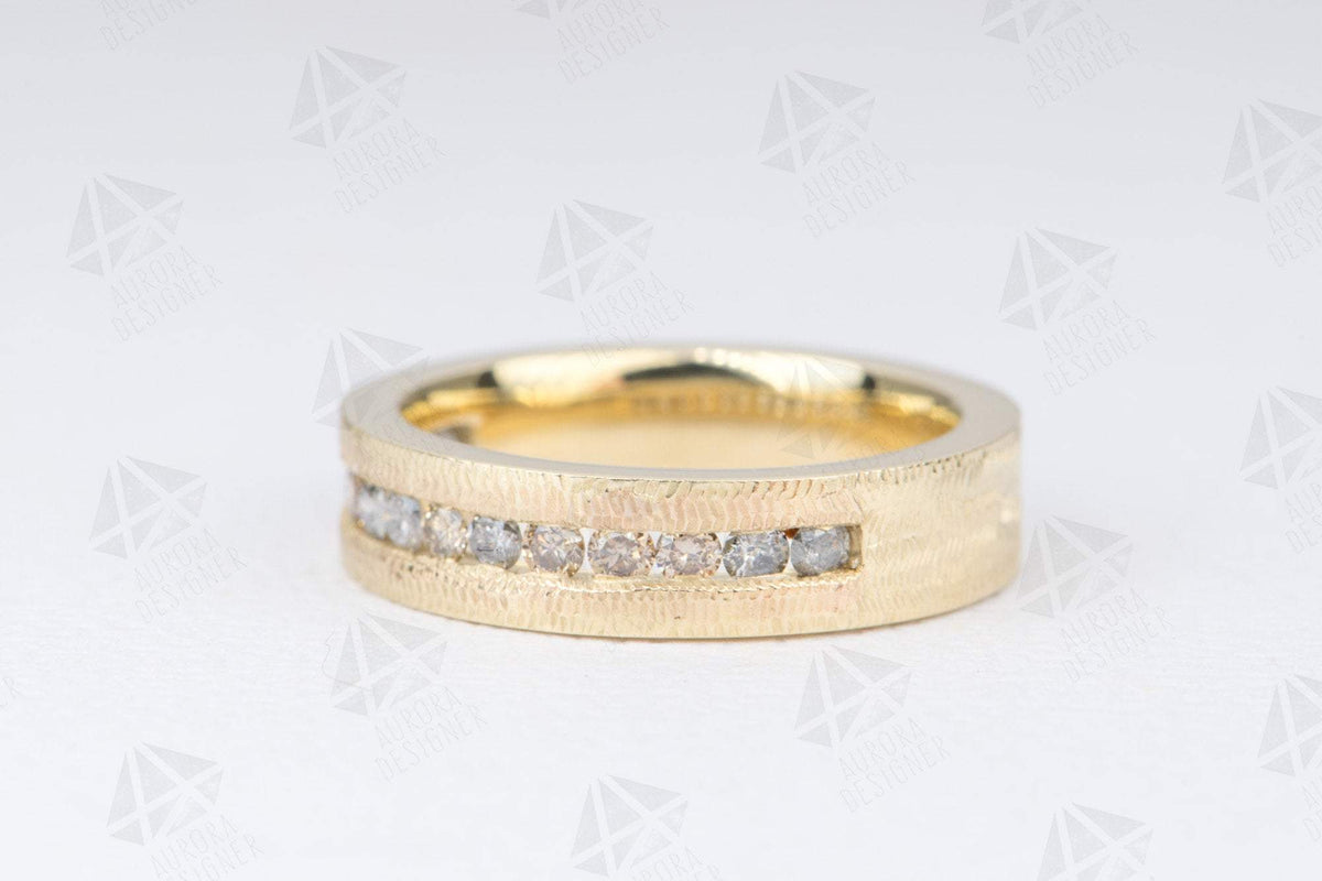 Salt and Pepper &amp; Champagne Diamond Ring Channel Setting 14K Gold 5mm Wedding Band Textured AD2094