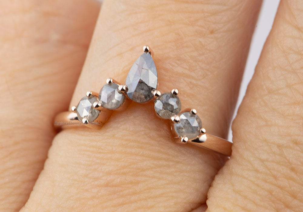 Salt and Pepper Engagement Ring 2pcs Rose Gold Crown Engagement Ring Black  Diamond Ring Vintage Engagement