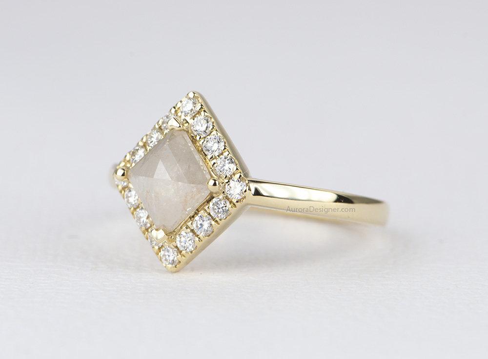 Shield Shape Milky White Diamond 14K Yellow Gold Engagement Ring Halo Salt and Pepper AD1258-5