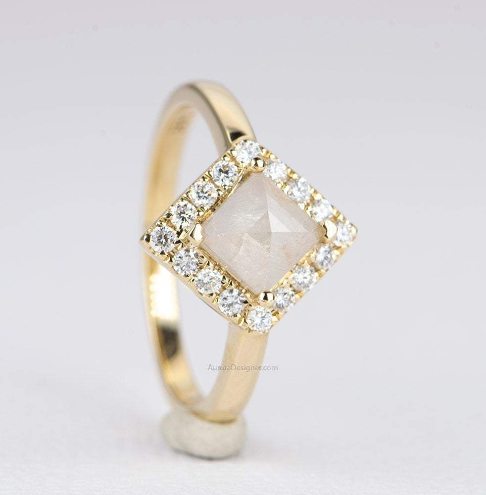 Shield Shape Milky White Diamond 14K Yellow Gold Engagement Ring Halo Salt and Pepper AD1258-5