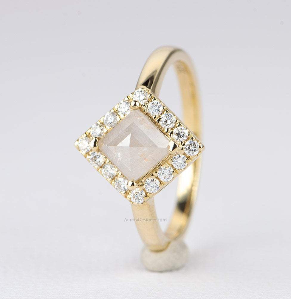 Shield Shape Milky White Diamond 14K Yellow Gold Engagement Ring Halo Salt and Pepper AD1258-5
