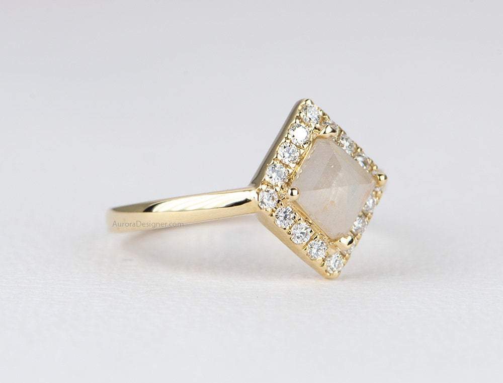 Shield Shape Milky White Diamond 14K Yellow Gold Engagement Ring Halo Salt and Pepper AD1258-5