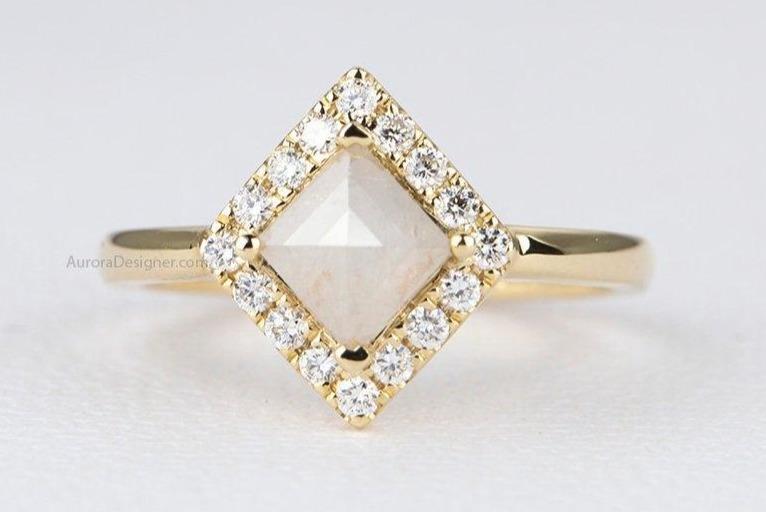 Shield Shape Milky White Diamond 14K Yellow Gold Engagement Ring Halo Salt and Pepper AD1258-5