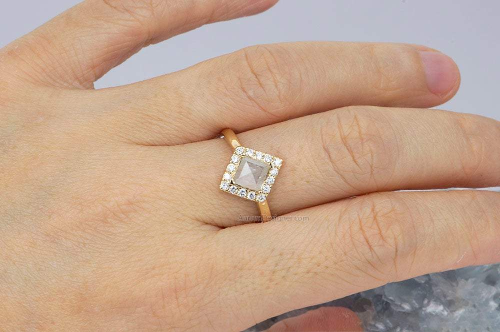 Shield Shape Milky White Diamond 14K Yellow Gold Engagement Ring Halo Salt and Pepper AD1258-5