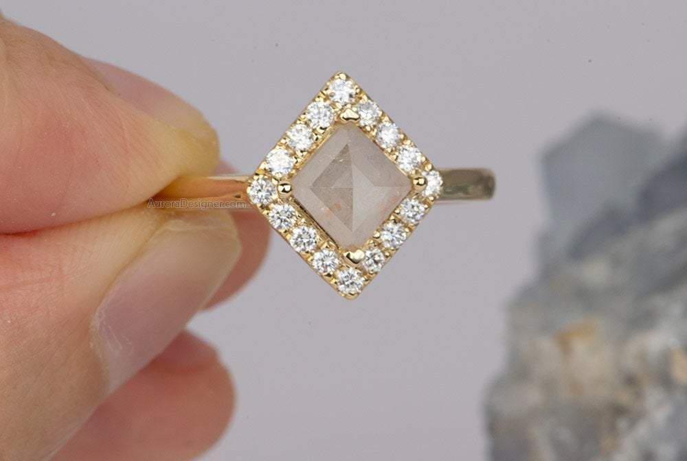 Shield Shape Milky White Diamond 14K Yellow Gold Engagement Ring Halo Salt and Pepper AD1258-5