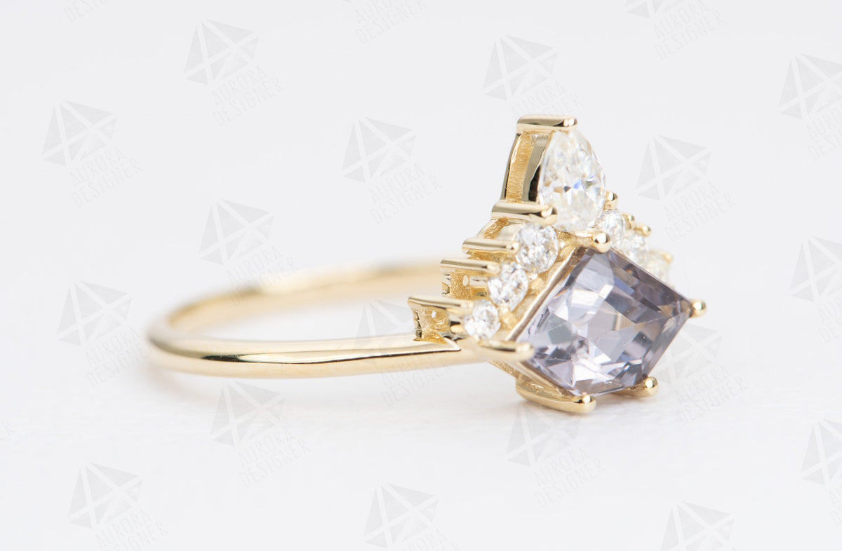 Shield Shape Spinel with Half Halo 14K Yellow Gold Engagement Ring Moissanite Sunburst AD1836-6