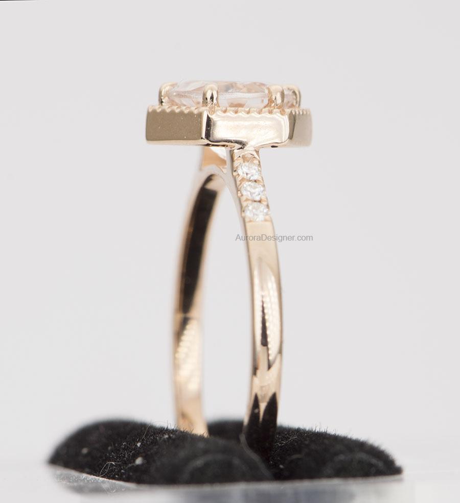 Vintage Natural Morganite Hexagon Ring Set w/ Diamond Open Milgrain Enhancer Band Rose Gold