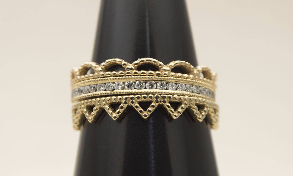 Solid 14K Gold Crown Wedding Band Stacking Ring Stackable Scallop Lace Full Eternity AD1144