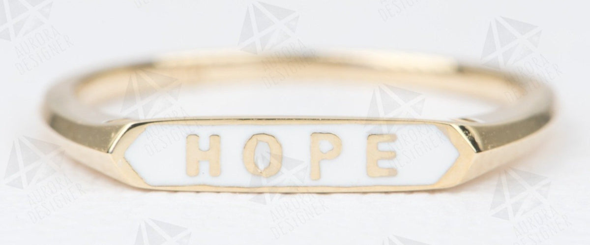 Solid 14K Gold Signet Ring White Enamel HOPE Unique Wedding Band AD2046
