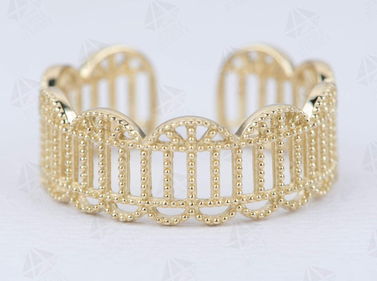 Solid Gold Open End Wide Lace Wedding Band 14K Gold Ring 6.9mm Wide Unique Style Alternative AD2321