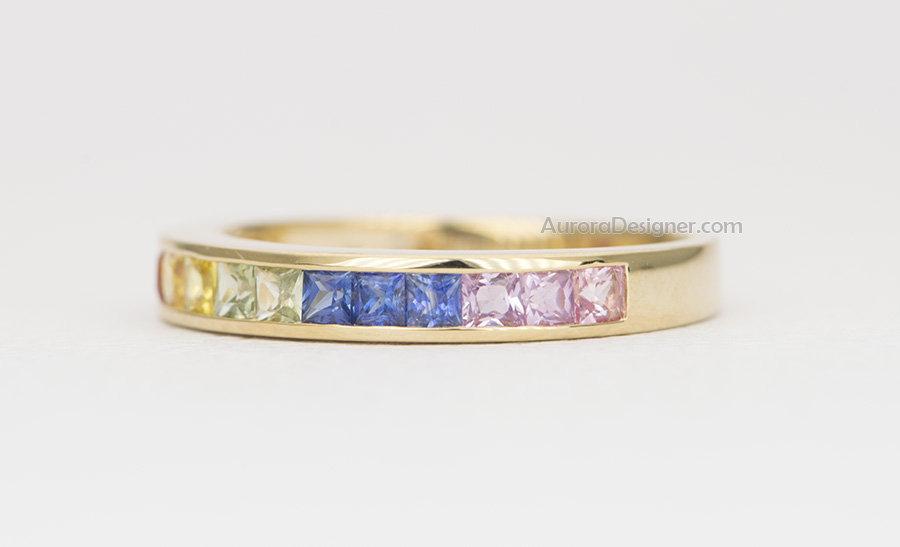 Square Rainbow Sapphire Channel Set 3mm 14K Gold Wedding Band Stacking Rings AD1436