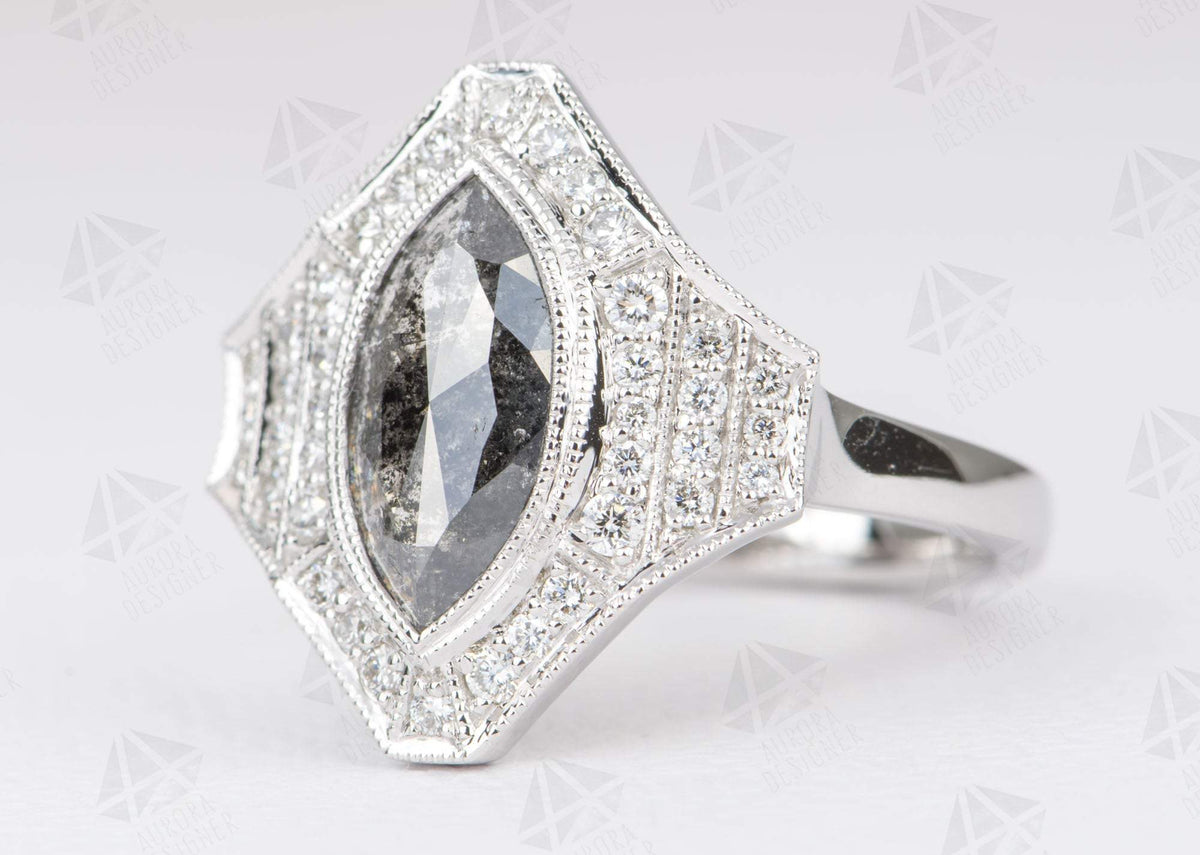 Statement Salt and Pepper Diamond with Halo Engagement Ring 14K White Gold Marquise AD2119